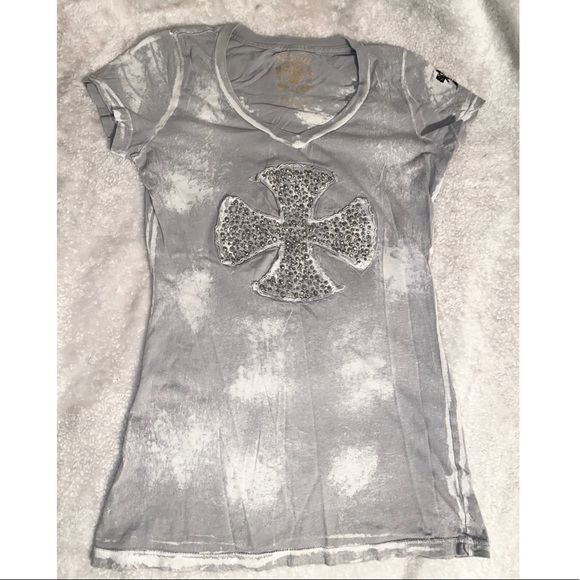 Velvet Stone gray rhinestone cross t-shirt small - Picture 2 of 7